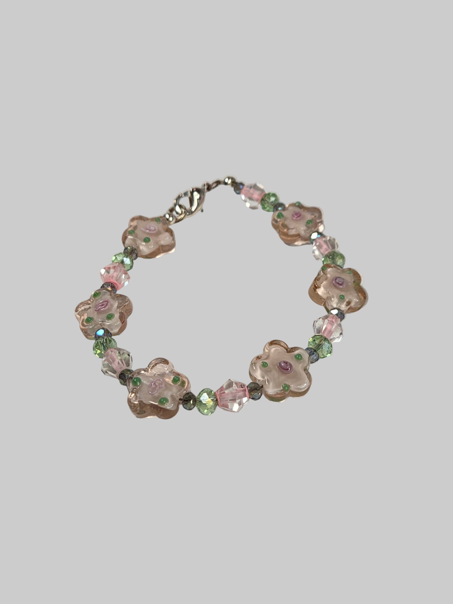 Pink and Green Floral Lampwork Beads with Green and Blue Crystals Bracelet