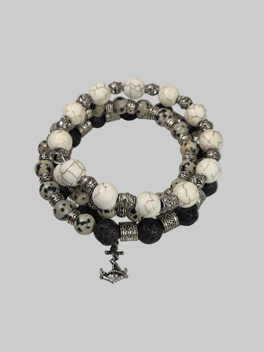 Dalmatian Jasper Lava Rock White Turquoise Bracelet with Silver Anchor Dangle