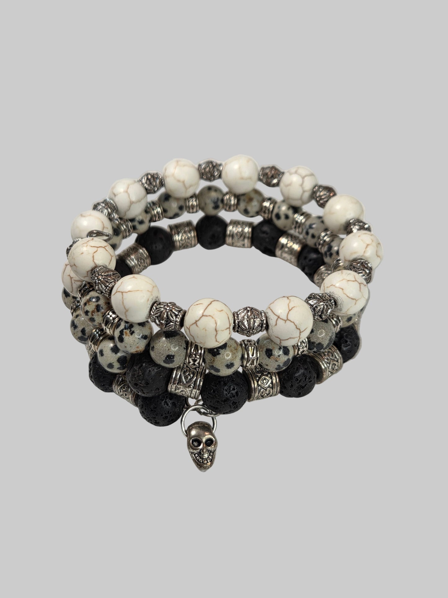 Dalmatian Jasper Lava Rock White Turquoise Bracelet with Silver Skull Dangle