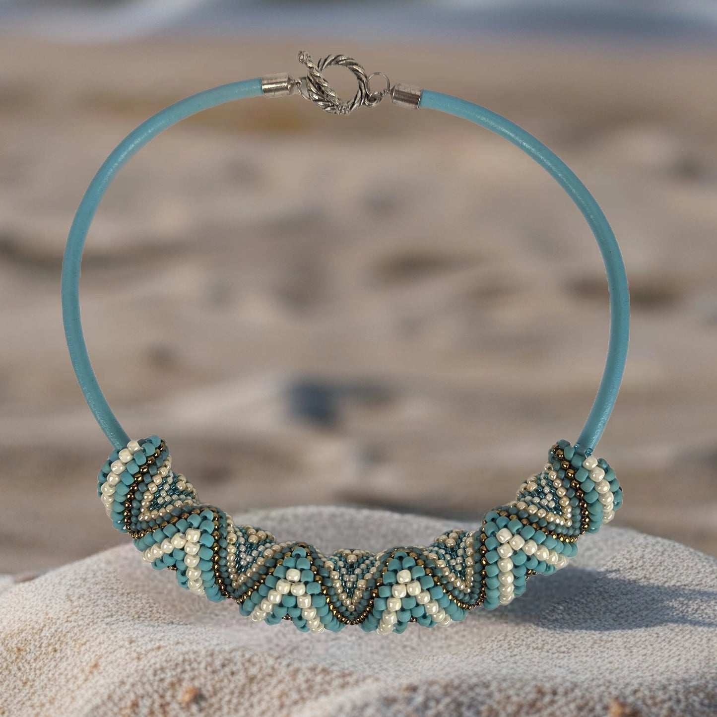 Necklace Turquoise White Beaded with Leather Strap and Silver Lobster Clasp