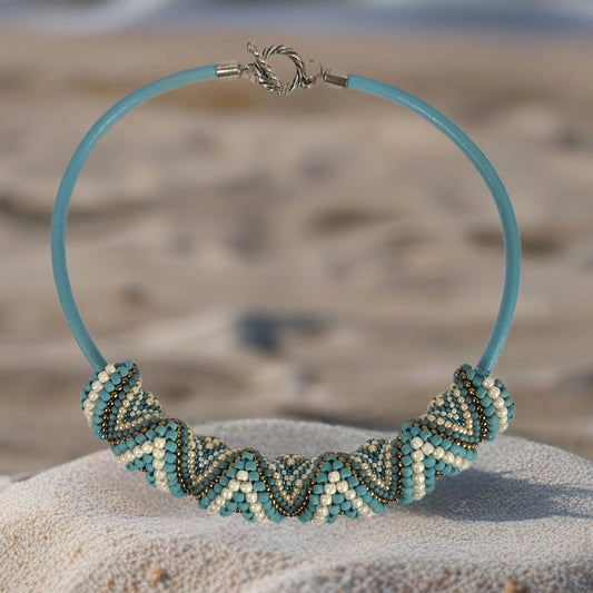 Necklace Turquoise White Beaded with Leather Strap and Silver Lobster Clasp