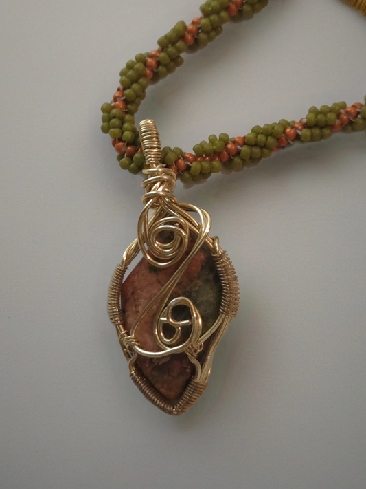 Green and Coral Stone Gold Wire Wrap With Beaded Chain Necklace