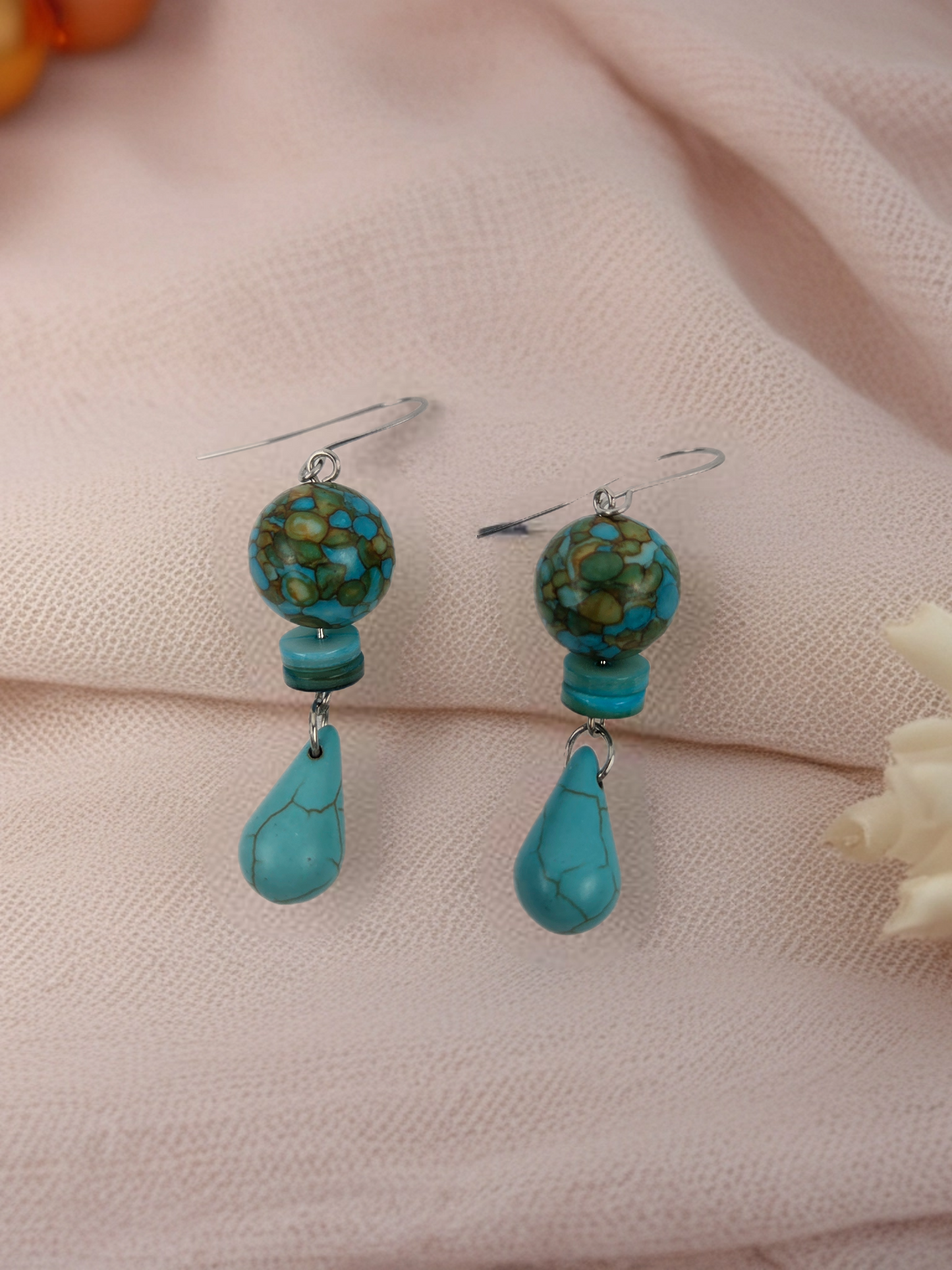 Blue and Tan Round Stone with Teardrop Beads and Silver Hook Earrings