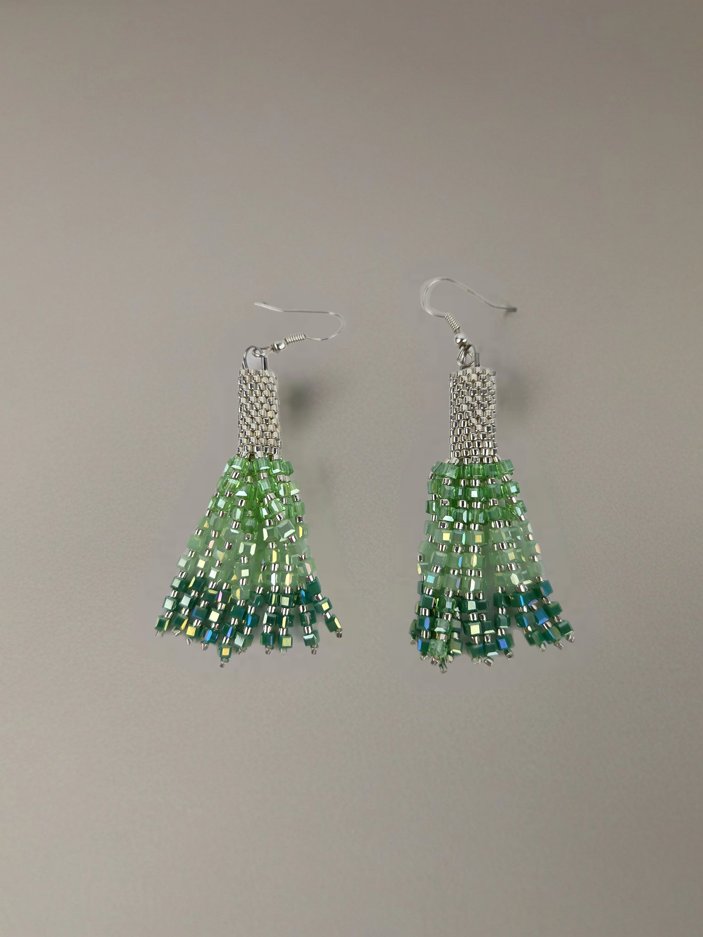 Green Ombre Square Glass Beaded Earring With Gold Beads