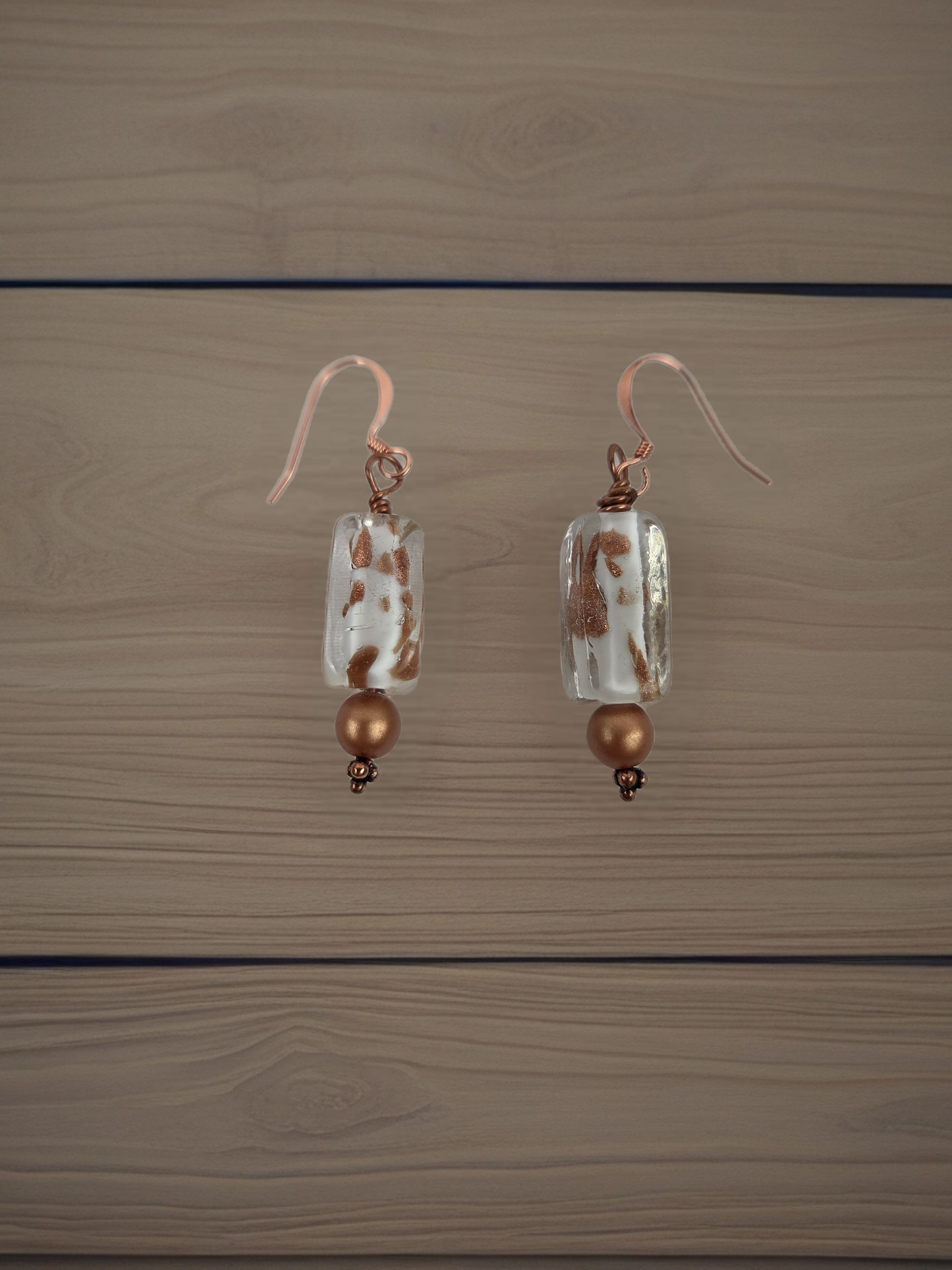 White and Gold Fleck with Gold Bead Earrings Copper Hook