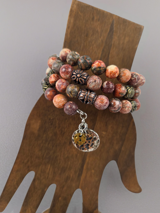 Brown Tan Jasper Stone Memory Wire Bracelet with Gold Copper and Silver Disc Dangle
