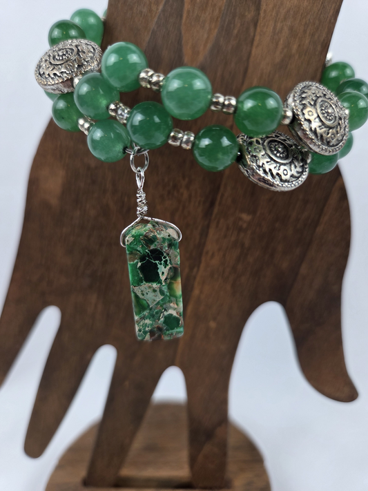 DK Green Aventurine Bracelet with Silver Charms Silver Beads and Green Jasper Dangle