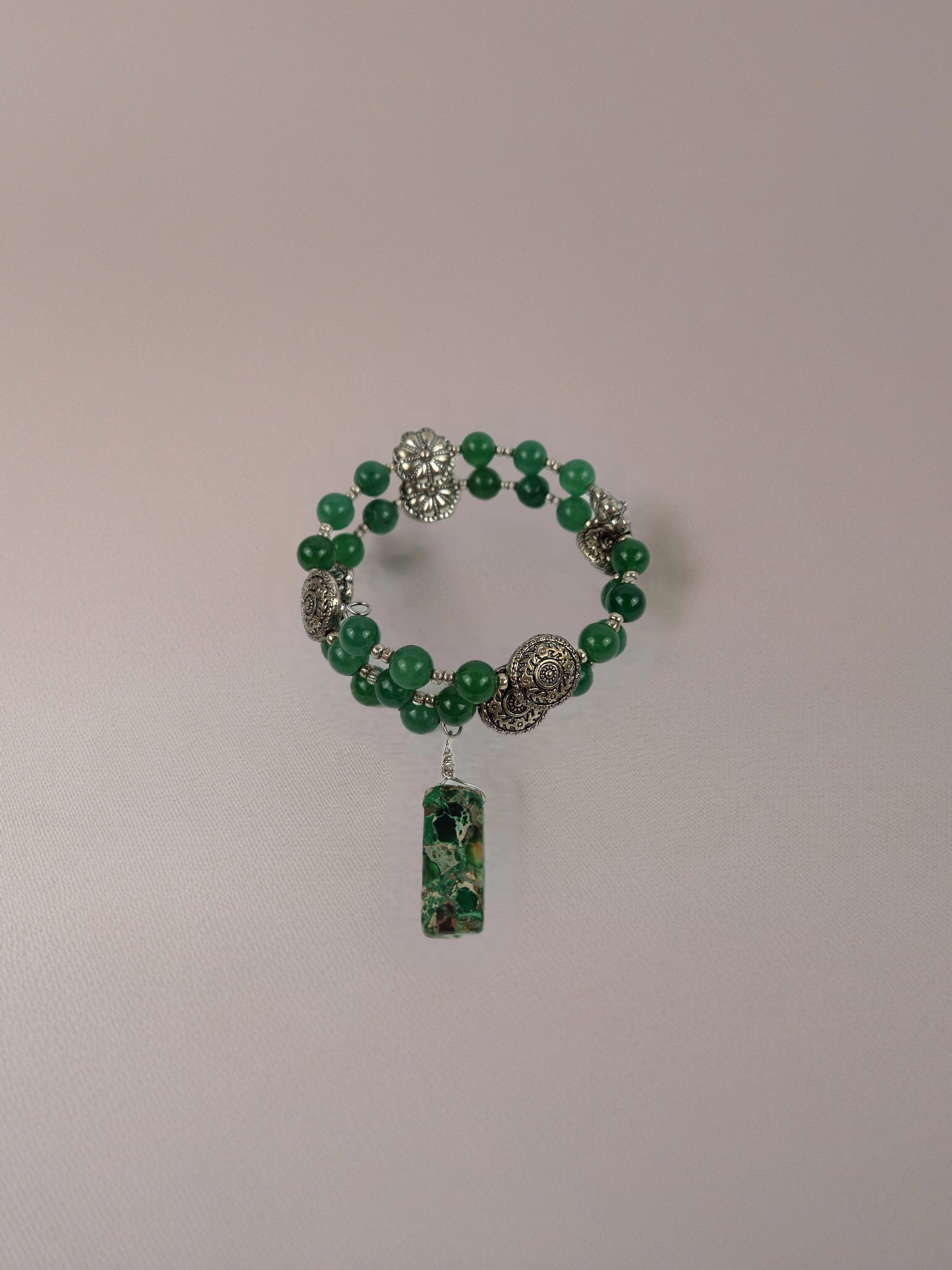 DK Green Aventurine Bracelet with Silver Charms Silver Beads and Green Jasper Dangle