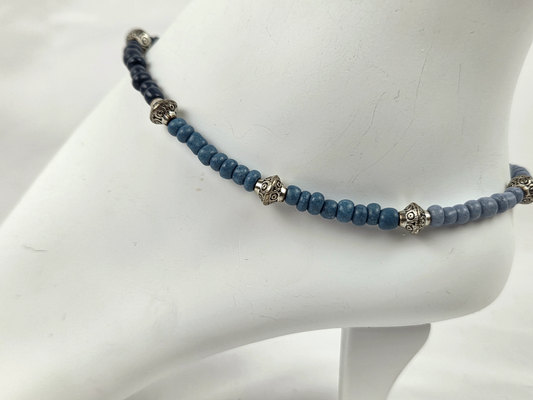 Blue Ombre Glass Bead Anklet with Silver Spacers