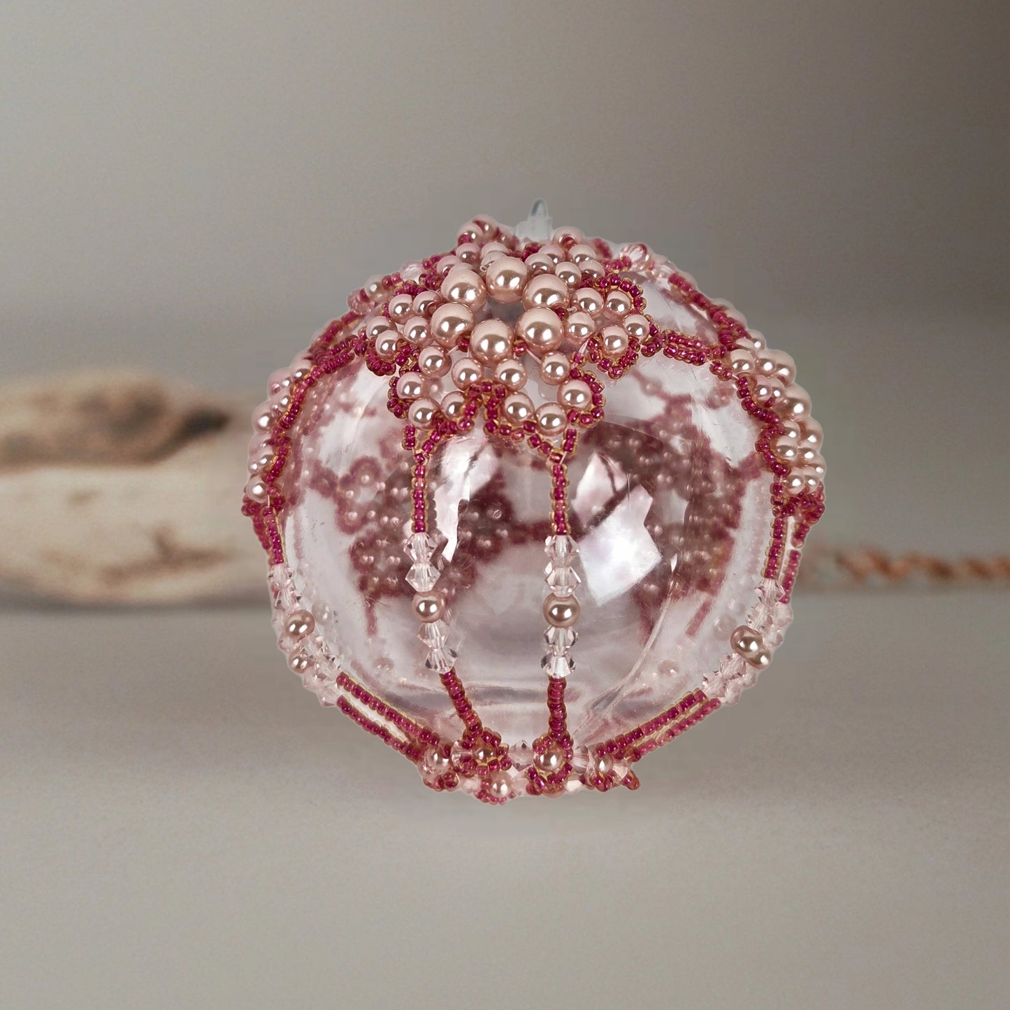 Round Ornament Pink Beaded Crystals 4" with Silver Stand 8.5"