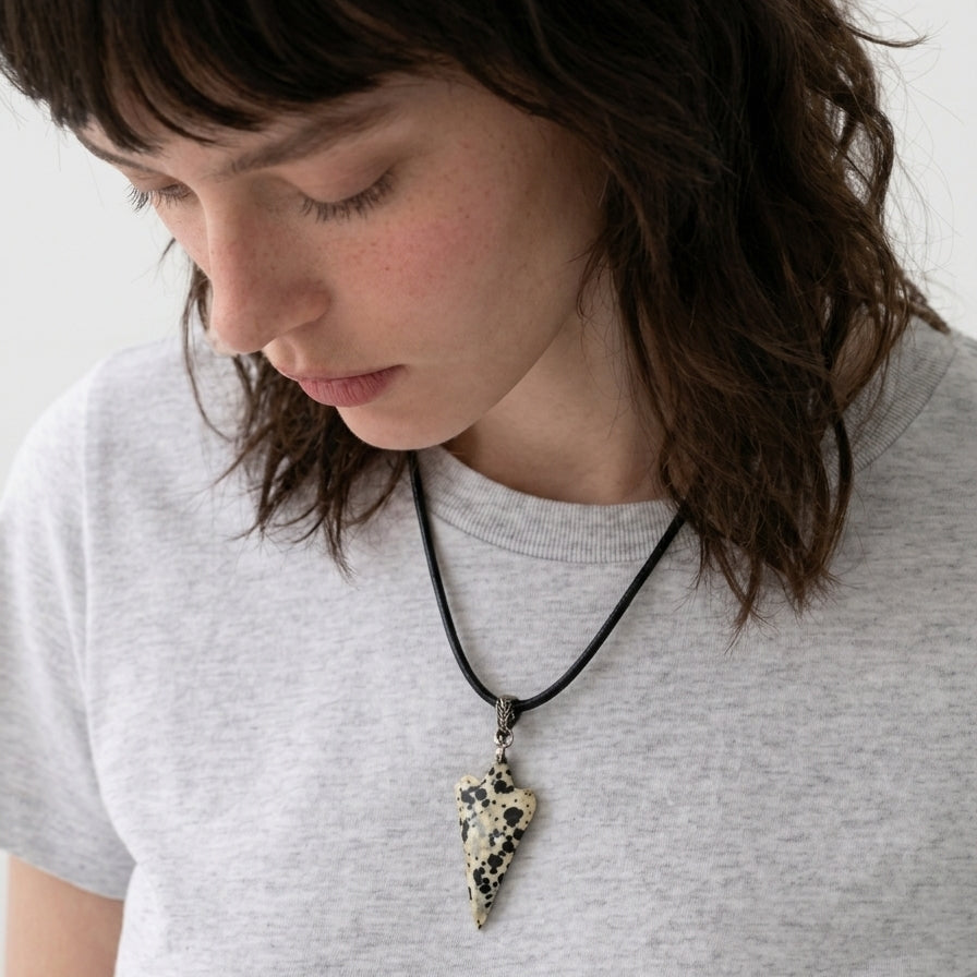 Necklace With Dalmation Stone Arrowhead Shape Pendant on Black Leather 18" 2" Extender