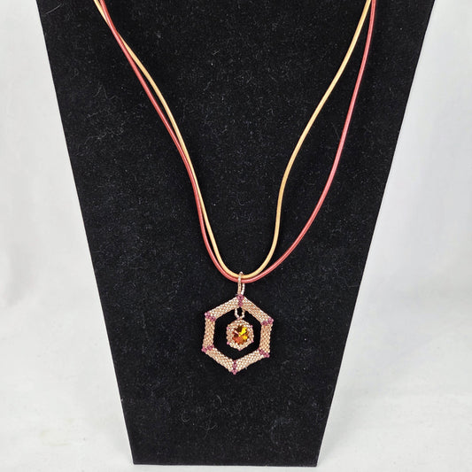 Necklace Gold Crystal Pendant Gold Copper Leather Straps 20" Lobster Clasp