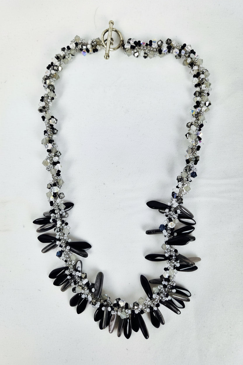 Necklace Black and Silver Beads Crystals 19" Silver Toggle Clasp