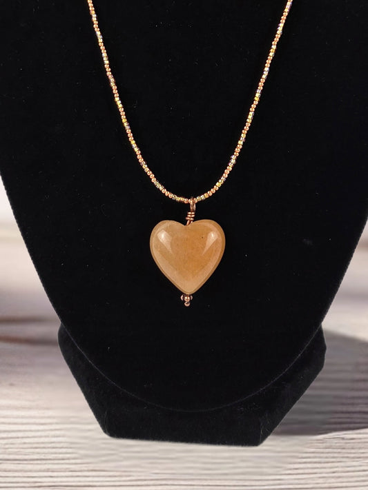 Multi-Color Bead Necklace with Amber Colored Heart Shaped Stone Pendant 16"