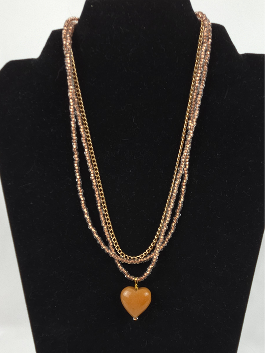 3-Strand Necklace Glass Beads Gold Chain with Carmel Heart Shaped Stone 18"