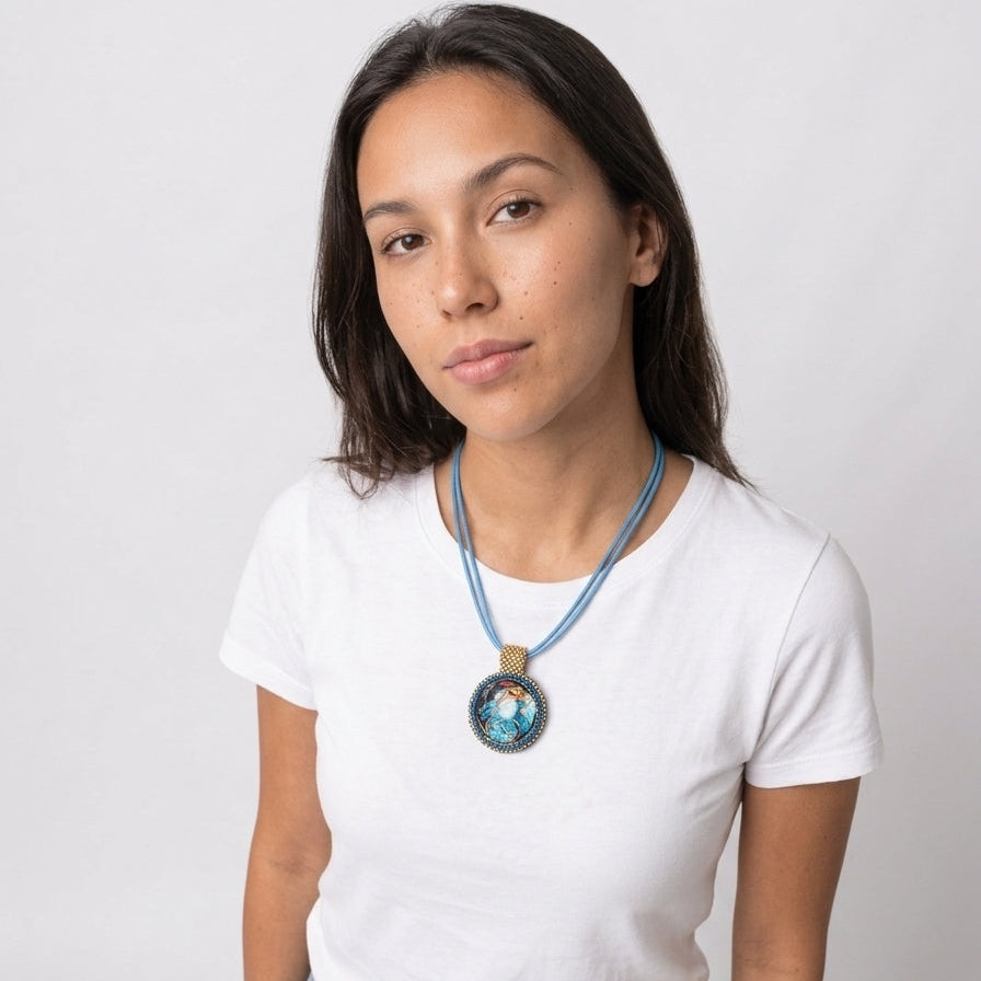 Necklace Beaded Dolphin Pendant 18" Turquoise Leather Strap