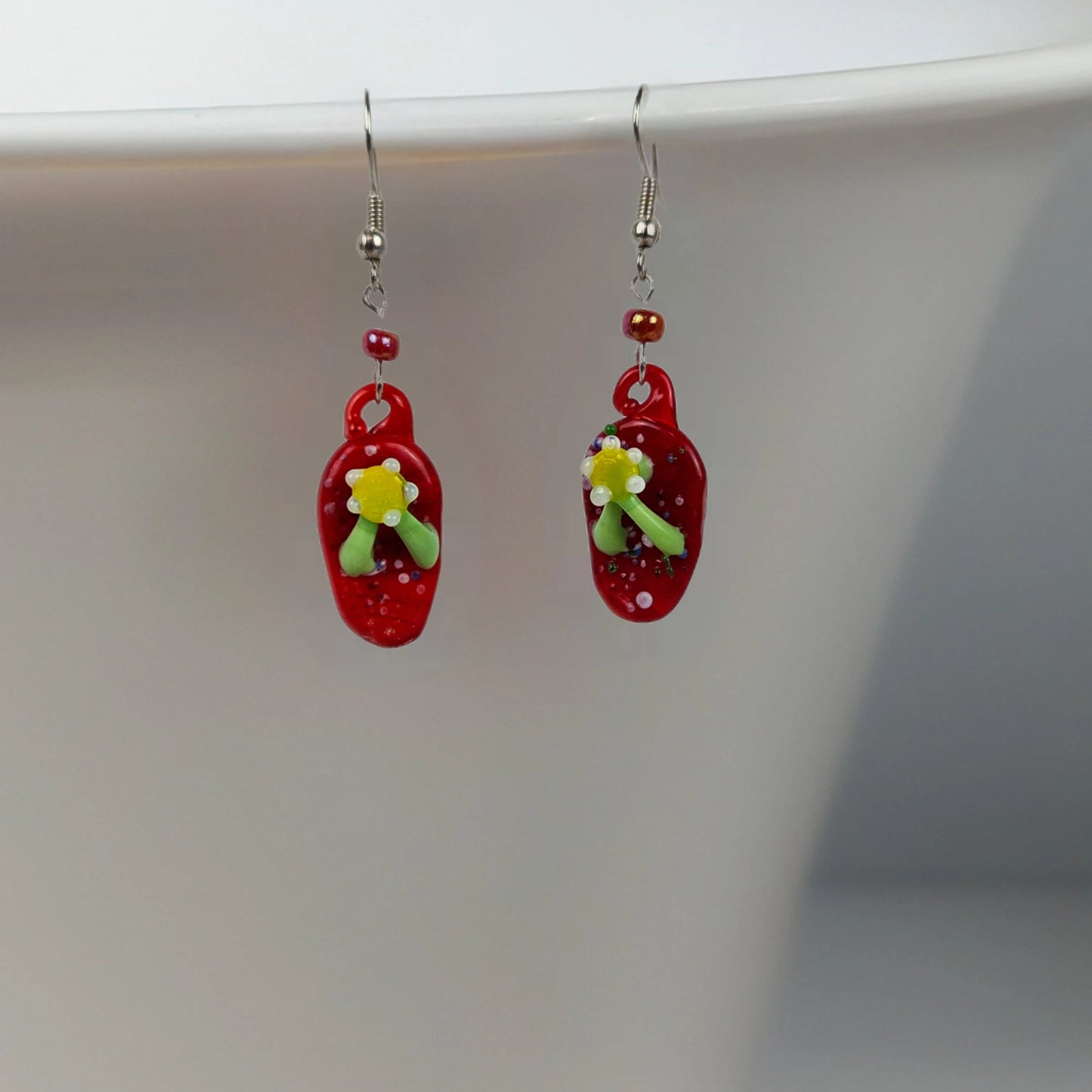 Red Yellow Fused Glass Flip Flop with Red Bead Earrings