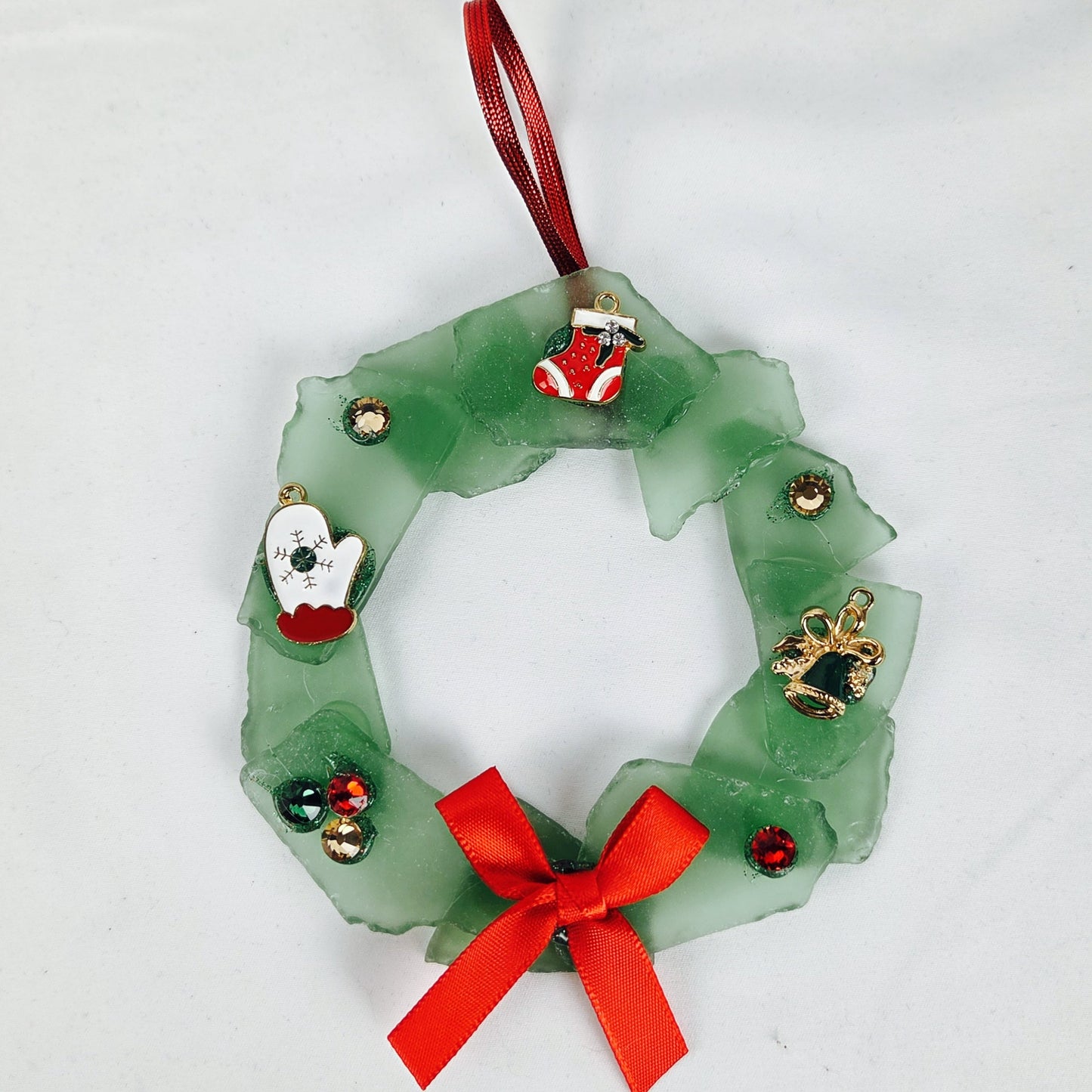Green Sea Glass Christmas Wreath with Charms and Red Bow 4" Stand Included 8.5"
