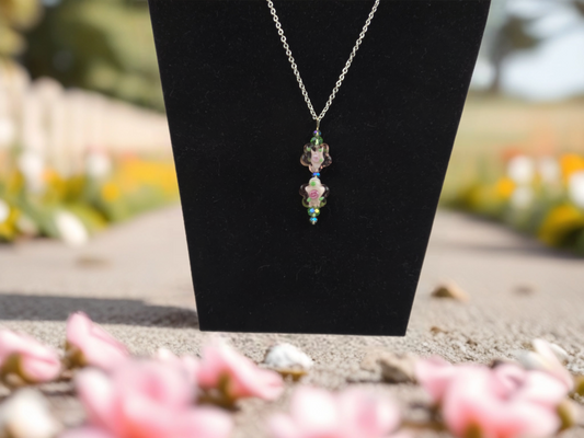 Necklace Lampwork Glass Pink Flower Beads with Green Crystals 20" Silver Chain