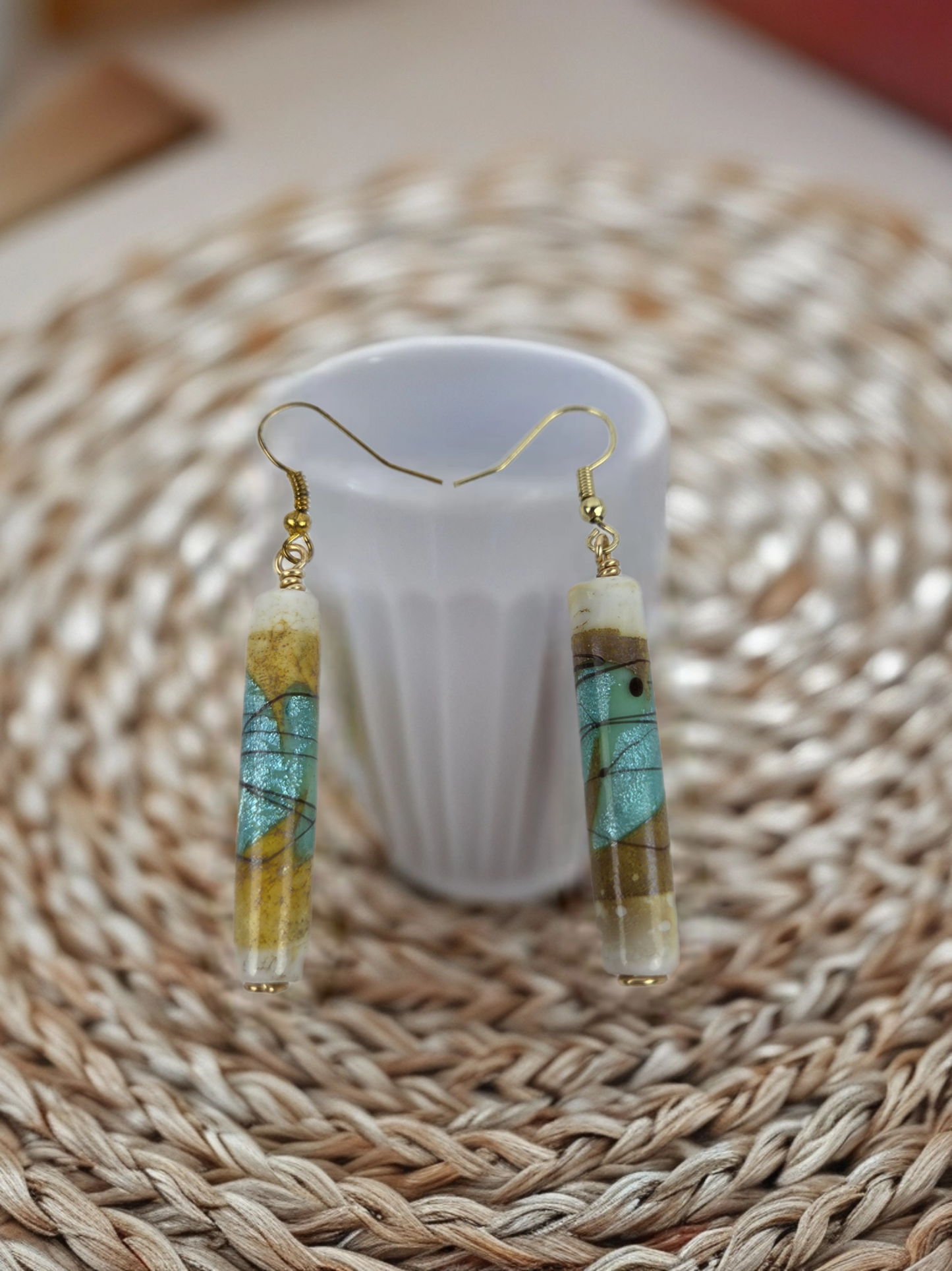 White Gold Teal Tube Earrings