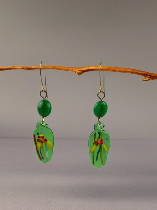 Green Red Yellow Fused Glass Flip Flop with Green Bead Earrings