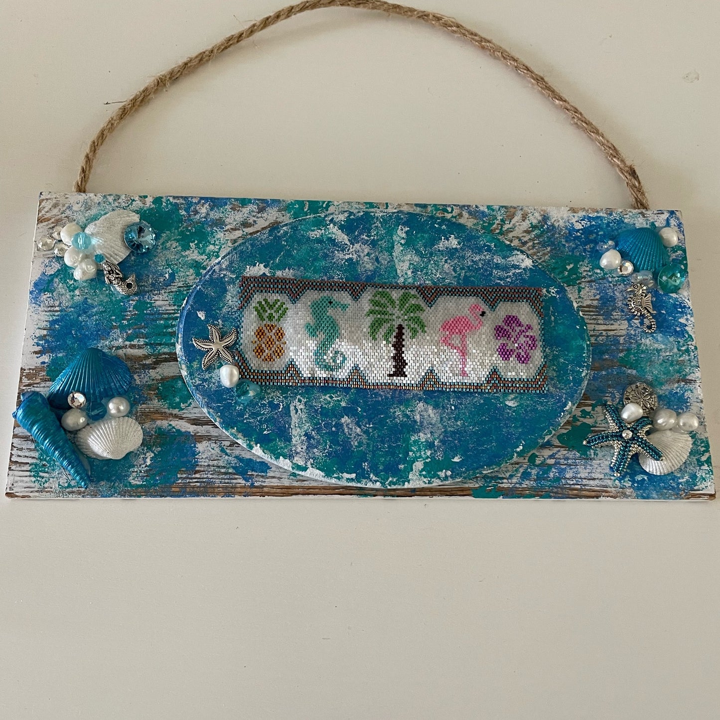 Nautical Wall Sign Painted Wood with Beaded Center and Pearls