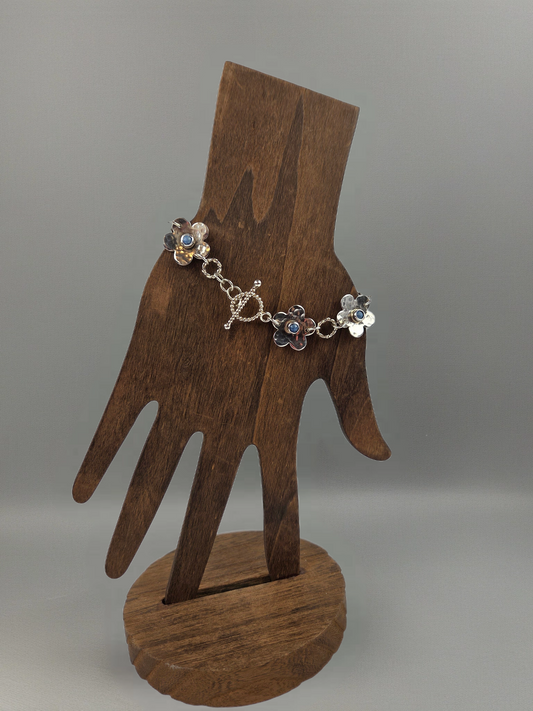Sterling Silver Flower Hammered Texture Bracelet with Denim Turquois