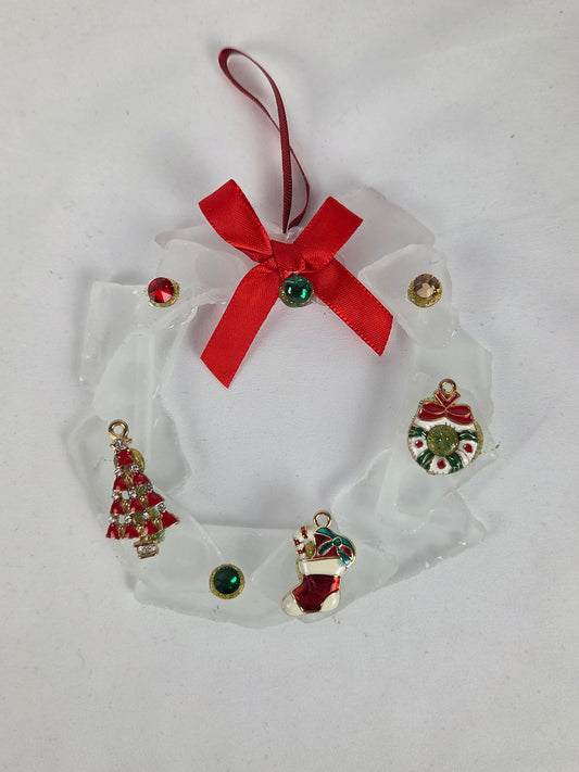 White Sea Glass Christmas Wreath with Charms and Red Bow 4" Stand Included