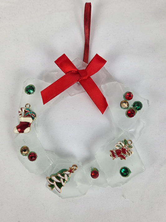 White Sea Glass Christmas Wreath with Charms and Red Bow 4" Stand Included 8.5"
