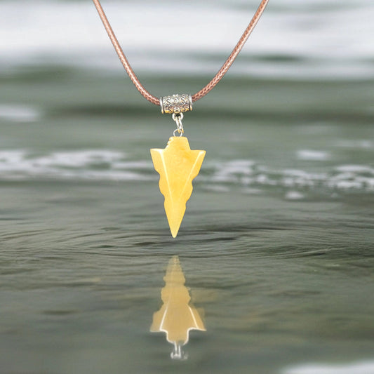 Necklace With Yellow Stone Arrowhead Shape Pendant on Brown Leather 18" 2" Extender