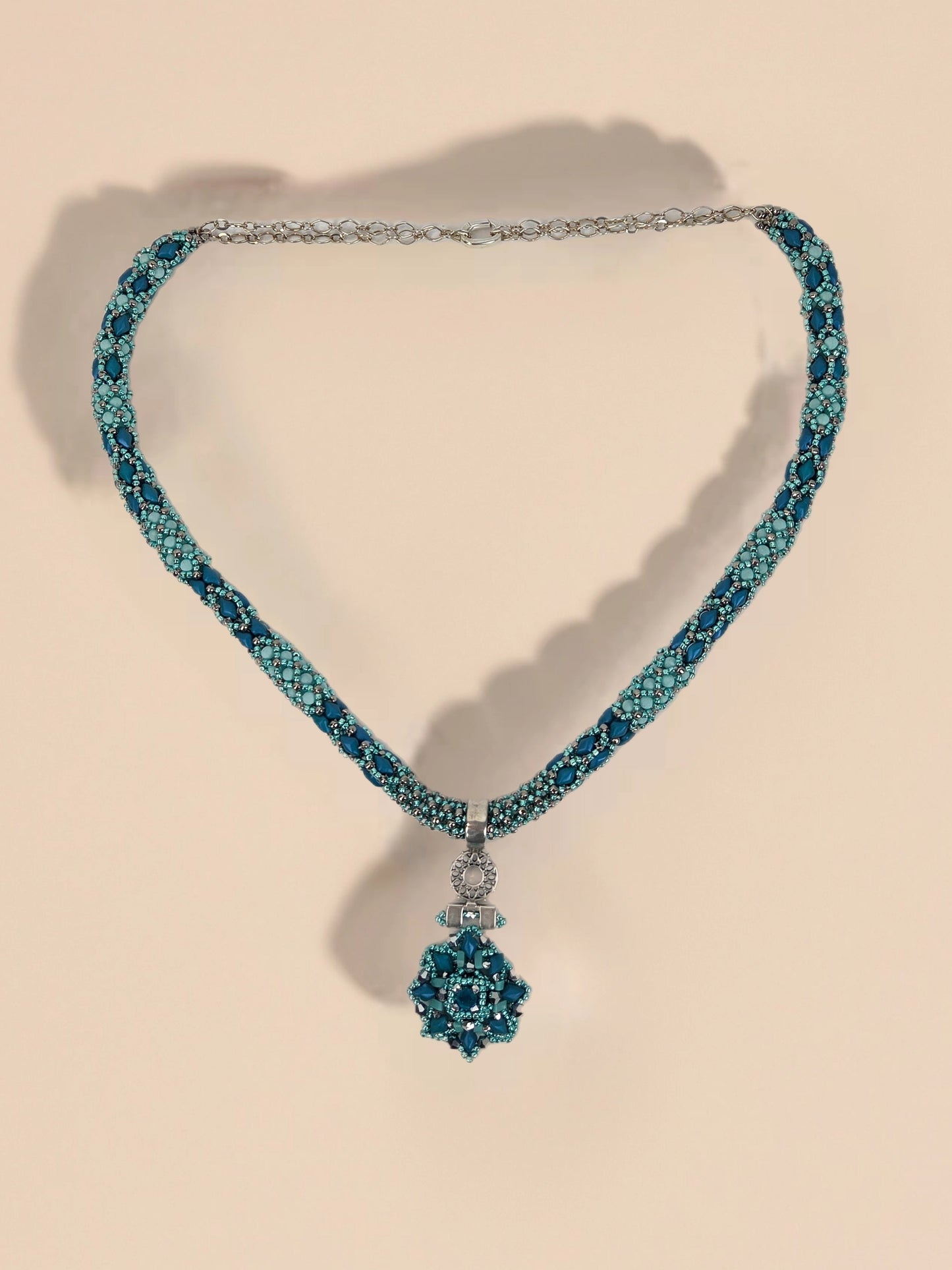 Beaded Necklace with Blue Green Beads Shaped like a Flower and Silver Chain and Clasp 24"