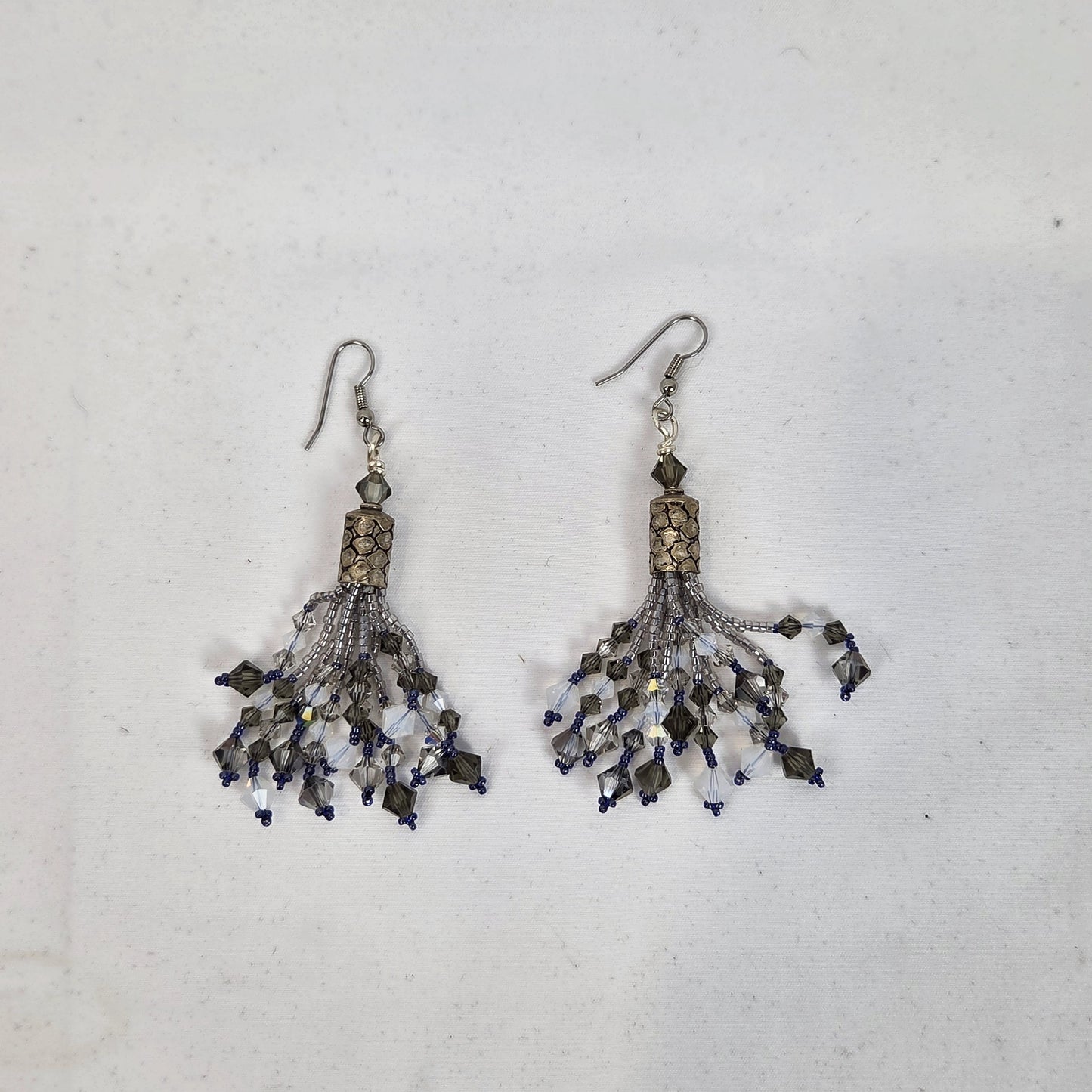 Silver and Black Beaded Crystal Necklace with Matching Dangle Earrings