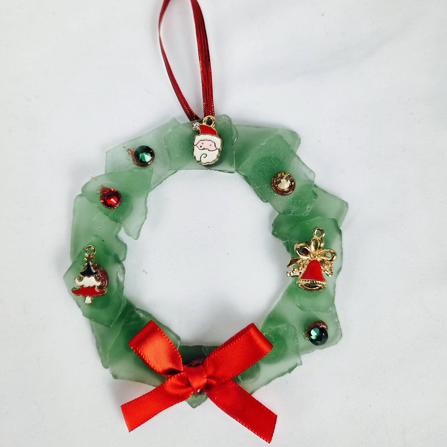 Green Sea Glass Christmas Wreath with Charms and Red Bow 4" Stand Included 8.5"