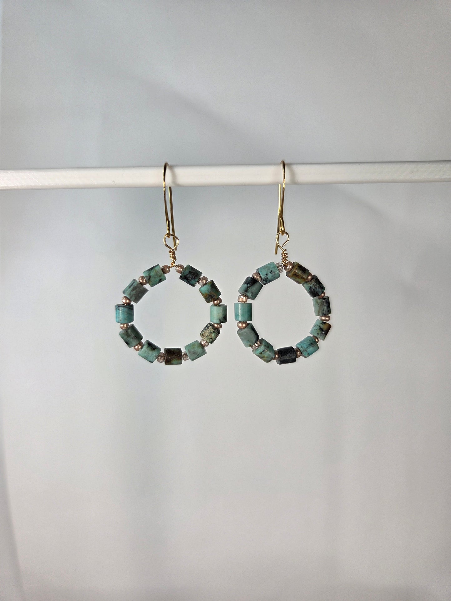 Turquoise Beads with Brown Flecks and Gold Beads Hoop Earrings