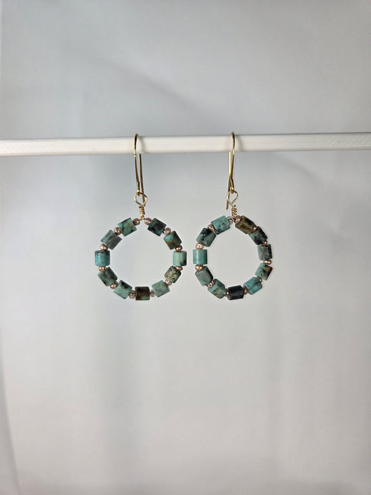 Turquoise Beads with Brown Flecks and Gold Beads Hoop Earrings