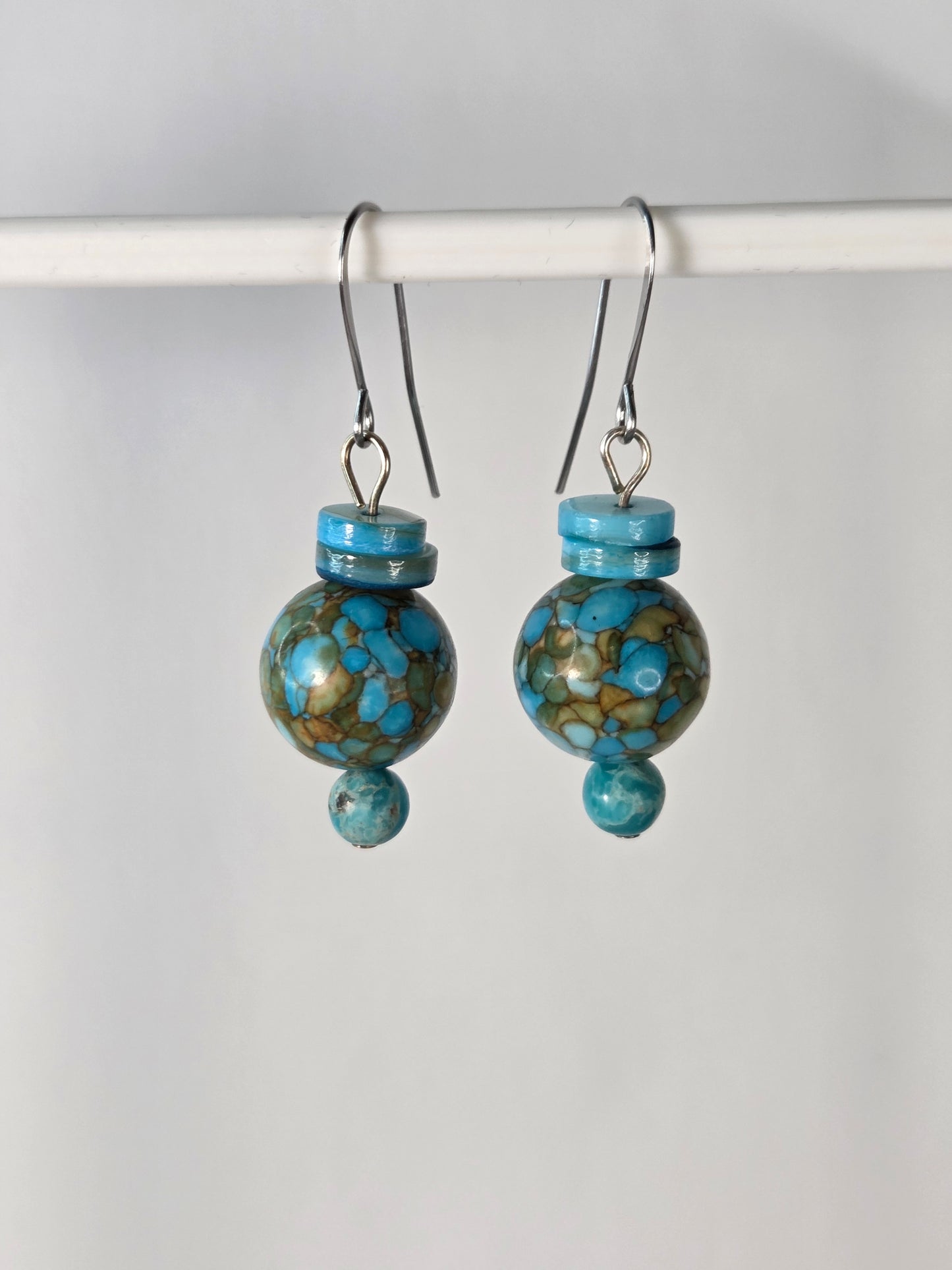Blue and Tan Round Stone with Silver Hook and Flat Beads Earrings