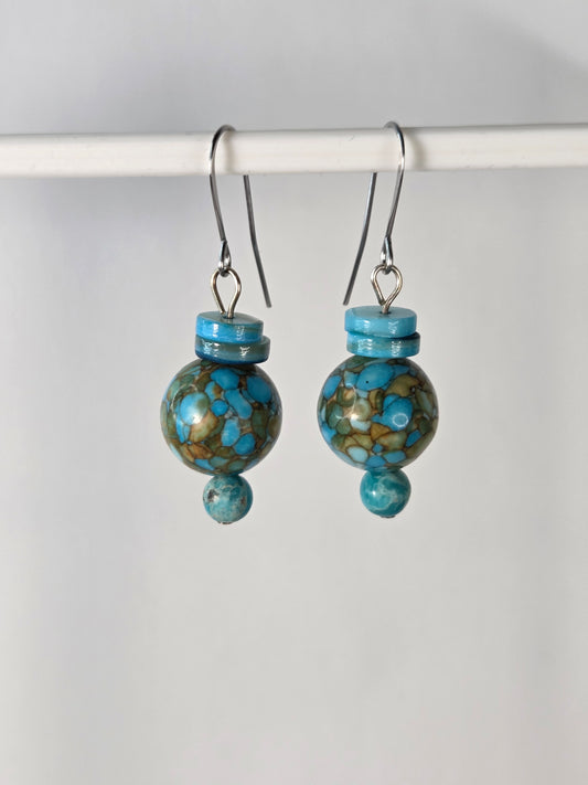 Blue and Tan Round Stone with Silver Hook and Flat Beads Earrings