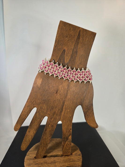 Pink Crystal with Silver Beads 4 Row Bracelet