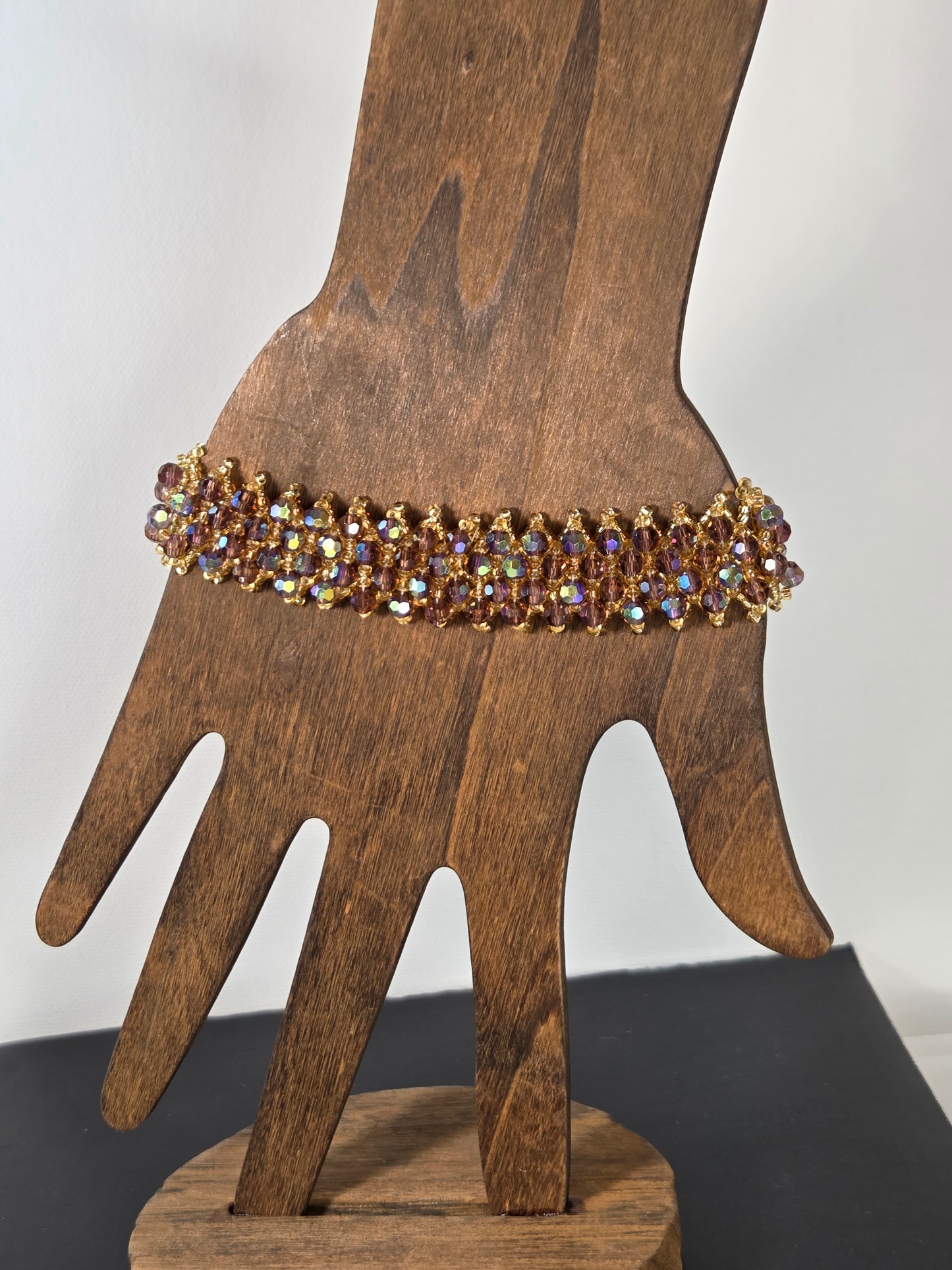 Purple Crystal with Silver Beads 4 Row Bracelet Flower Clasp