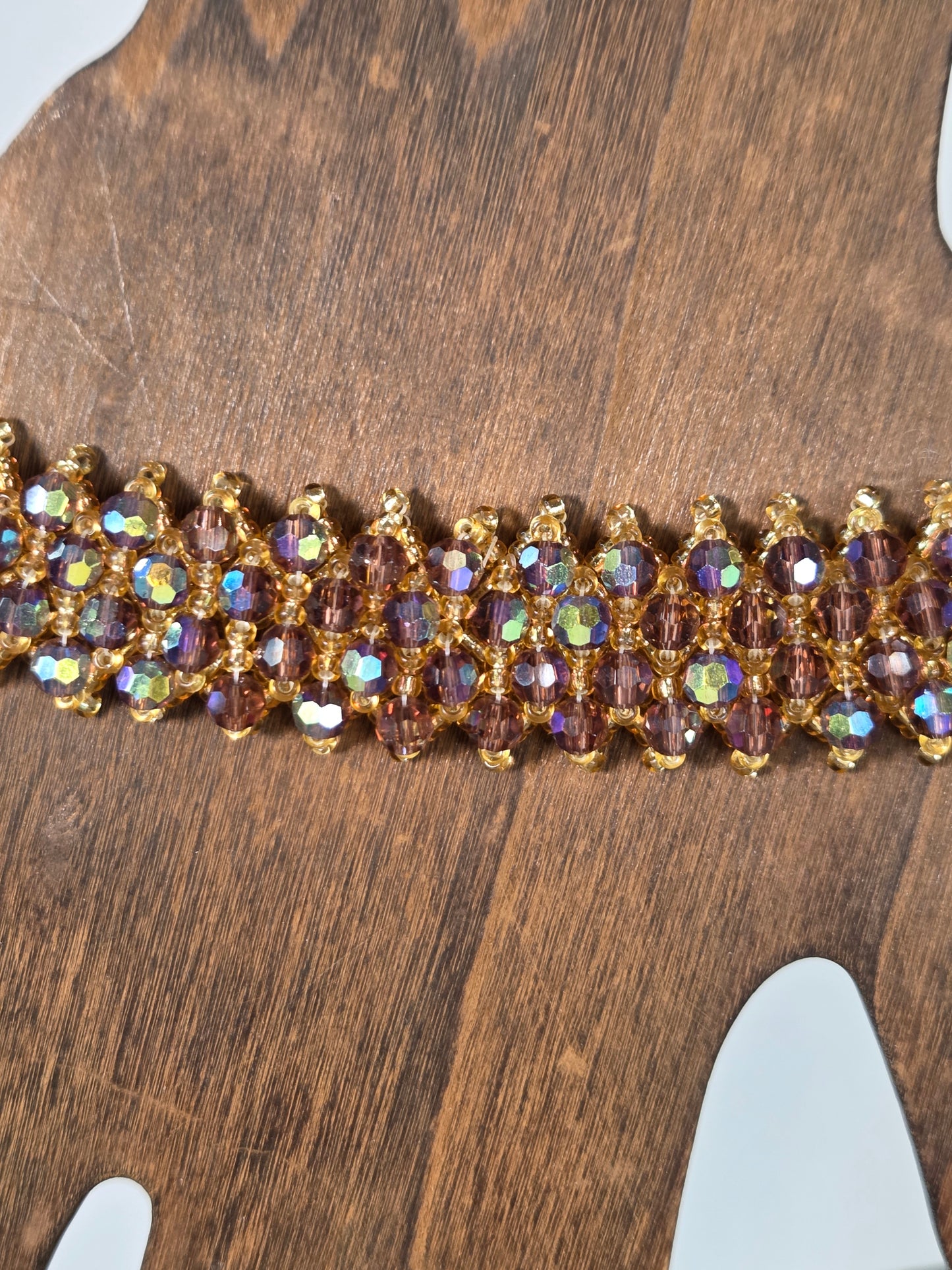 Purple Crystal with Silver Beads 4 Row Bracelet Flower Clasp