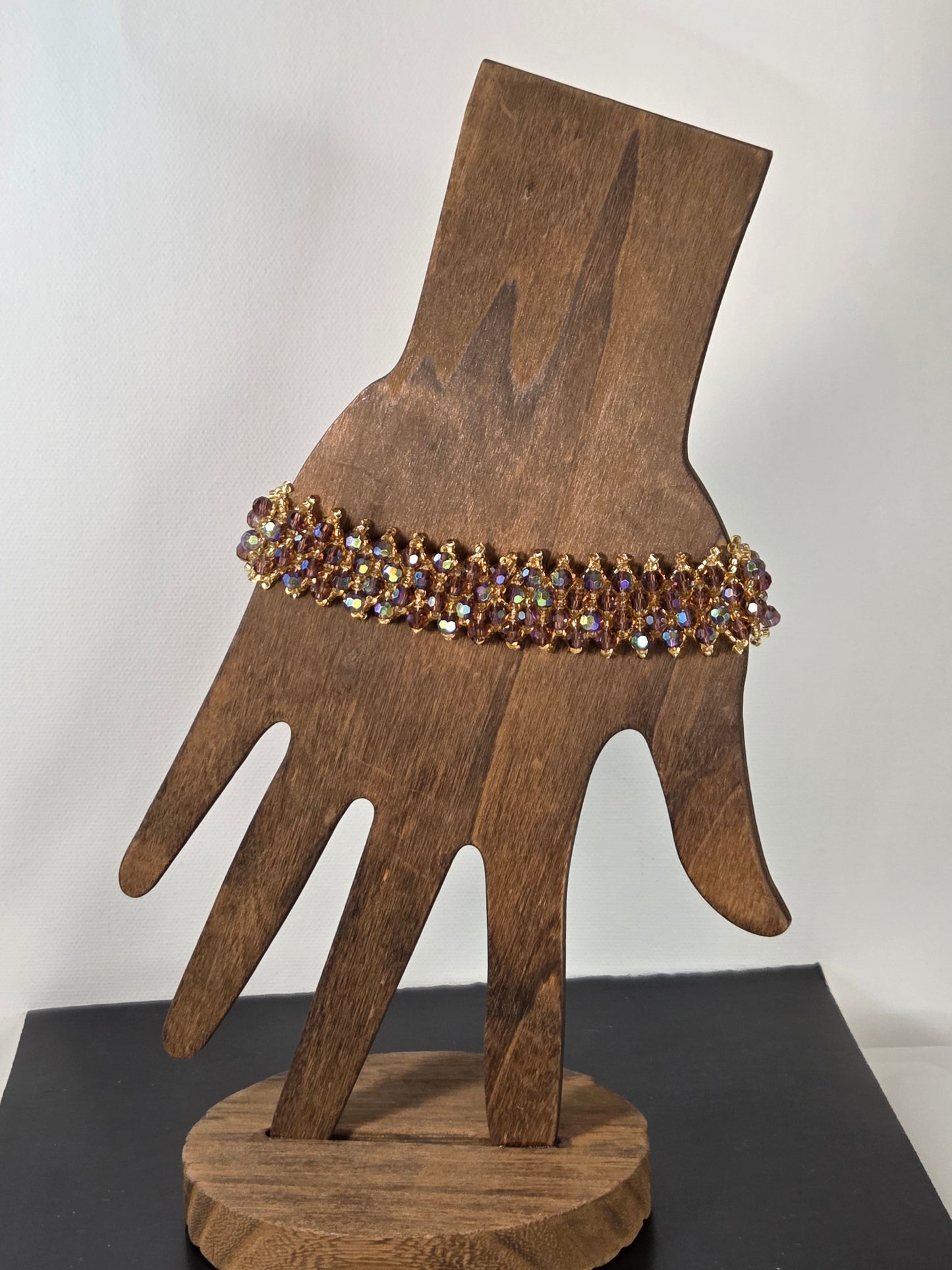 Purple Crystal with Silver Beads 4 Row Bracelet Flower Clasp