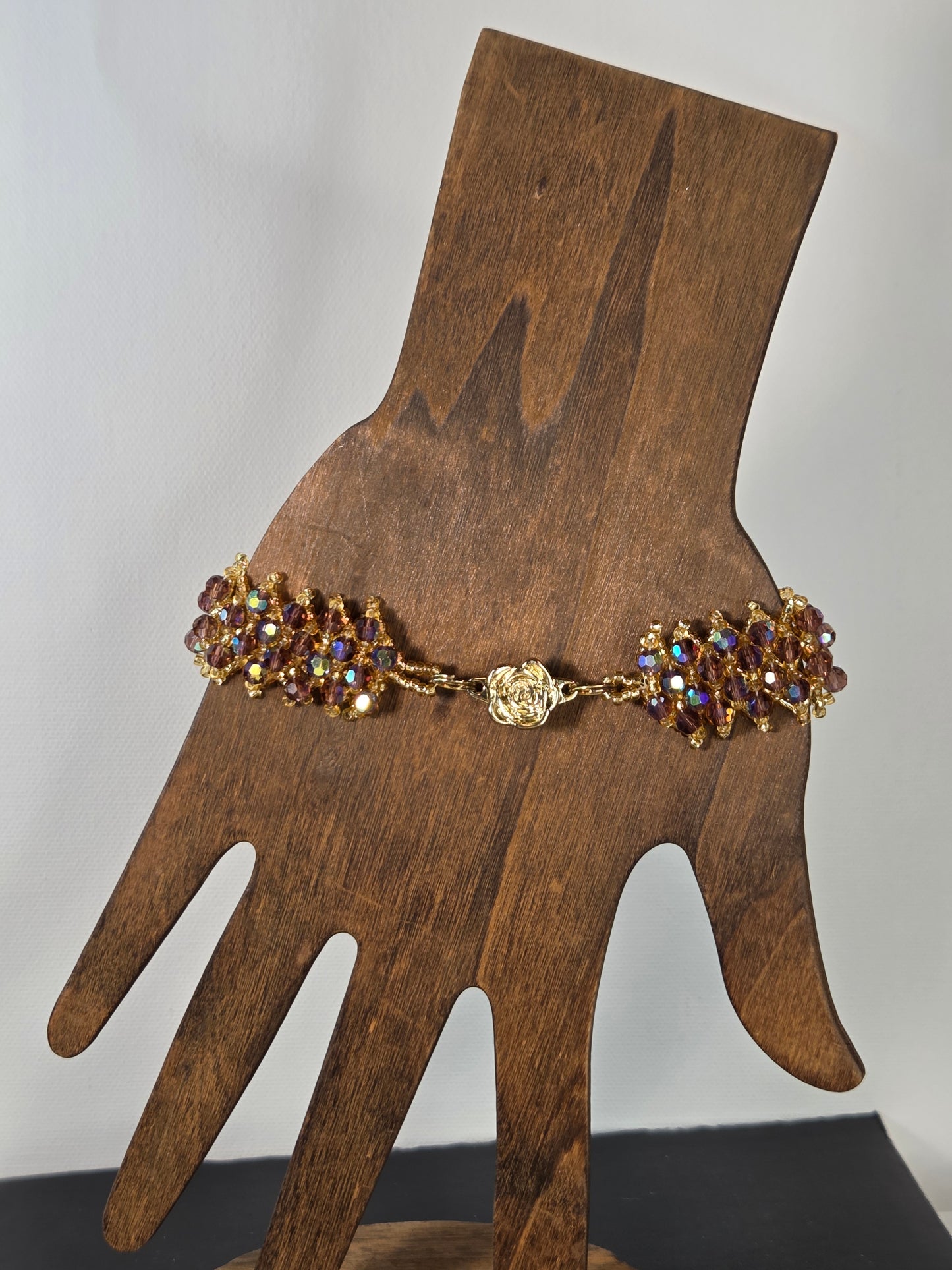 Purple Crystal with Silver Beads 4 Row Bracelet Flower Clasp