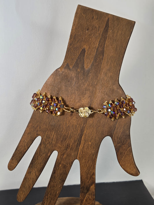 Purple Crystal with Silver Beads 4 Row Bracelet Flower Clasp