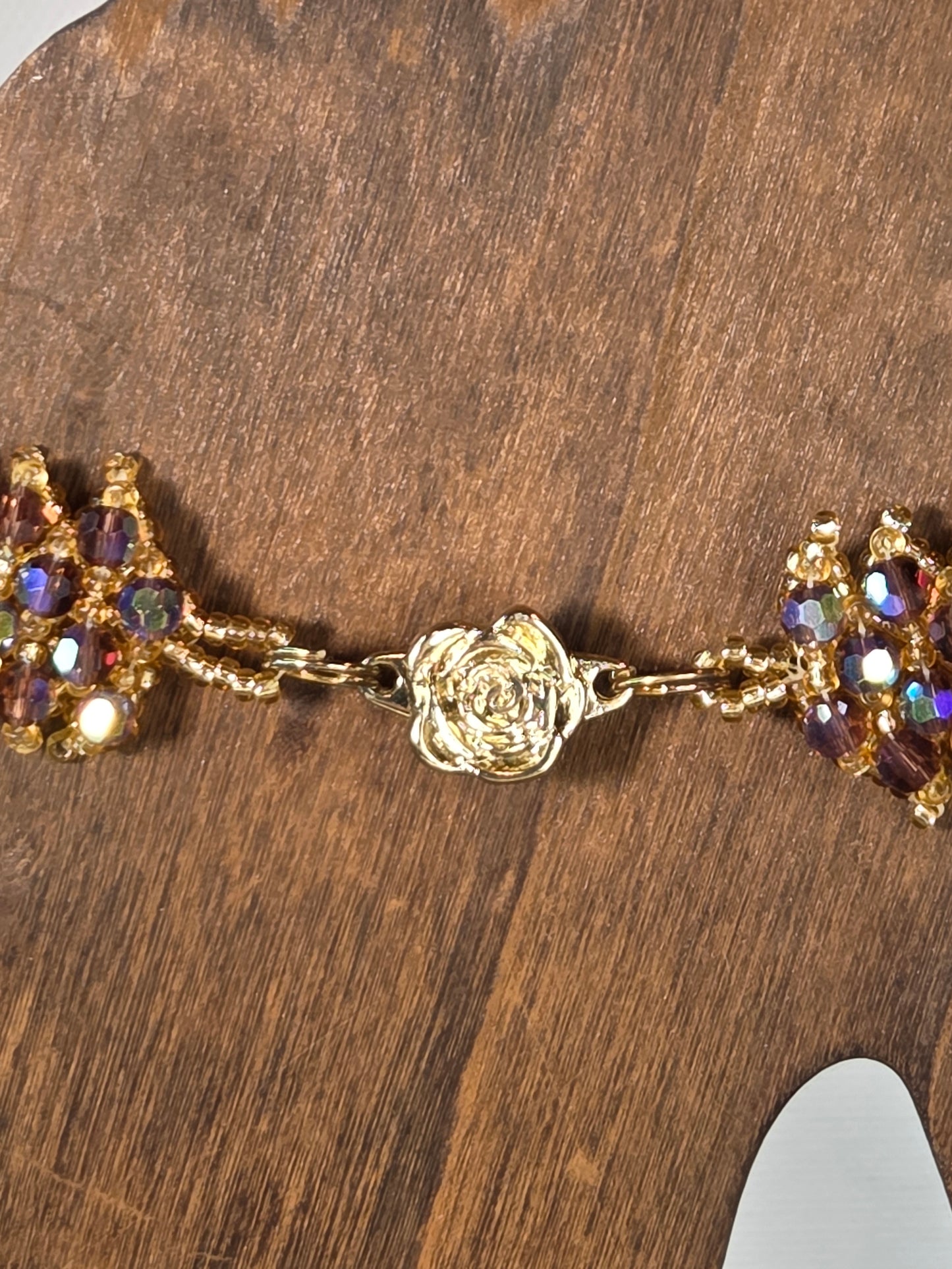 Purple Crystal with Silver Beads 4 Row Bracelet Flower Clasp