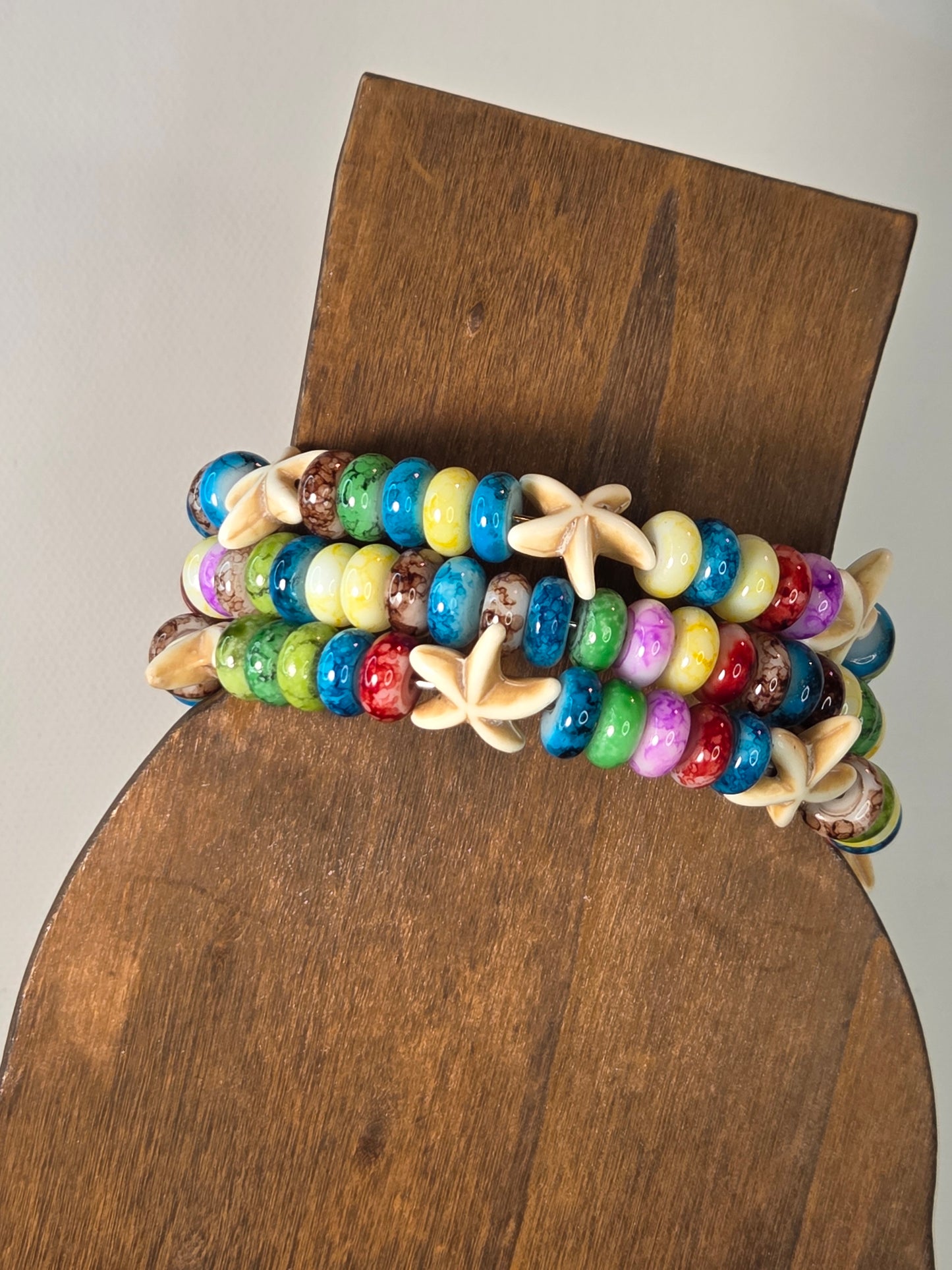 Tropical Memory Wire Glass Bead Bracelet with Starfish