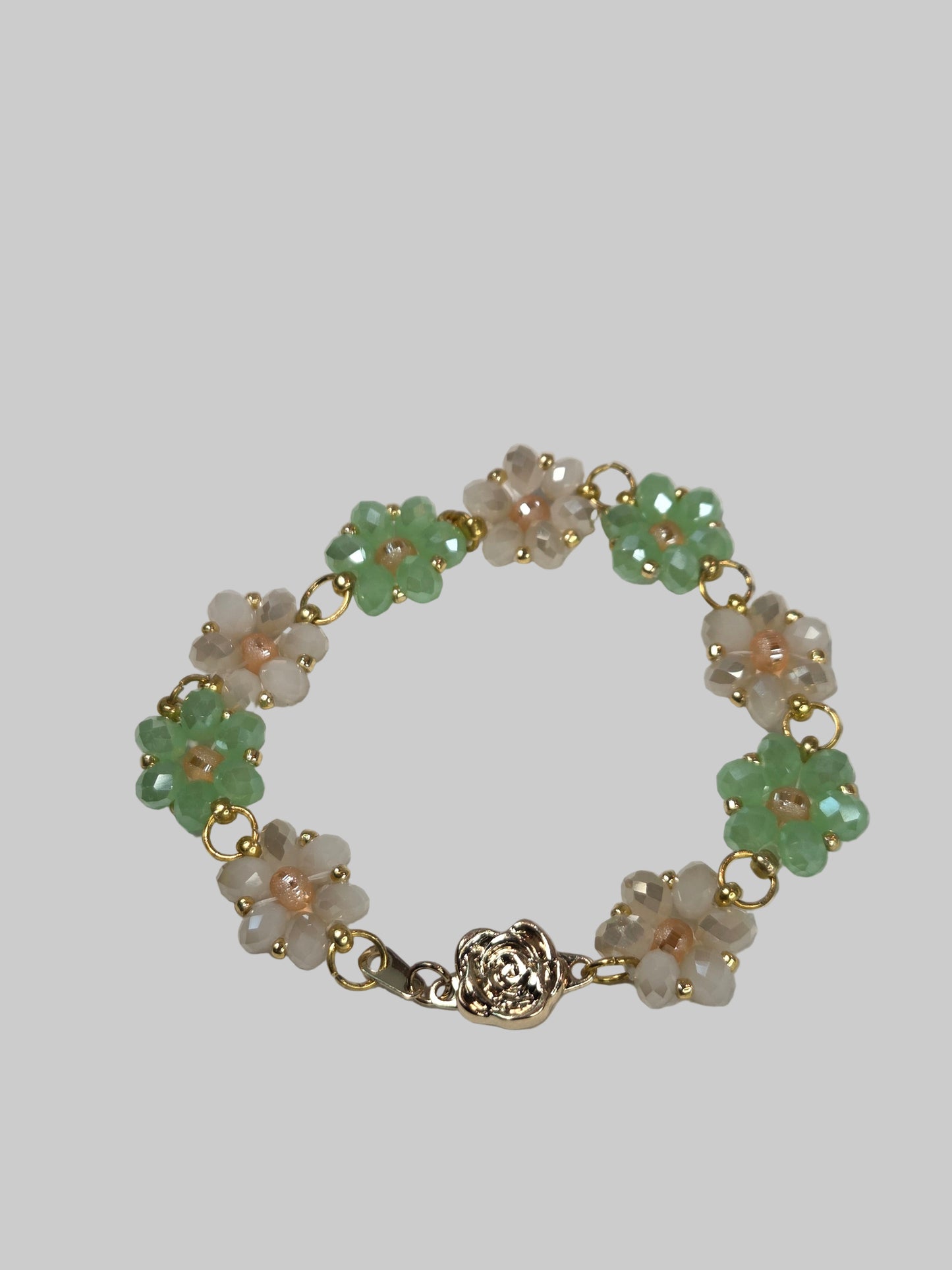 Green White and Peach Crystal Flower Beaded Bracelet