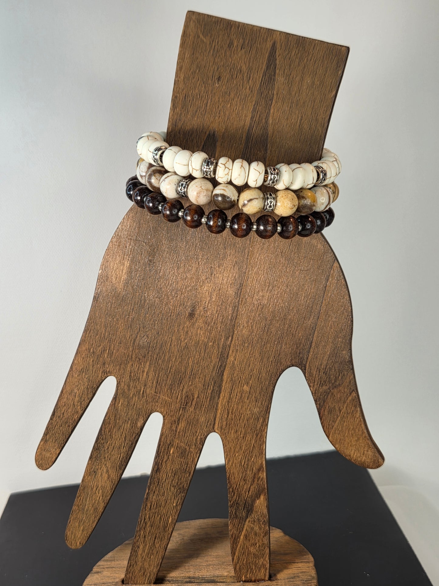 Bracelet White Turquoise with Zebra Stone and Wood Beads with Tiger Eye Dangle