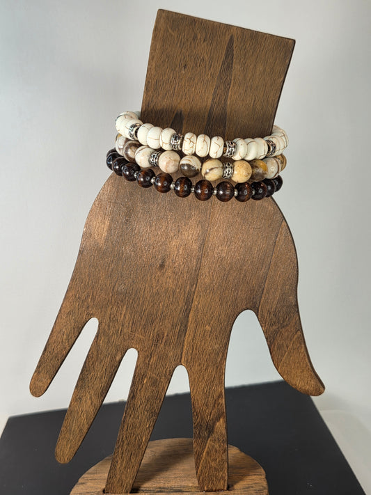 Bracelet White Turquoise with Zebra Stone and Wood Beads with Tiger Eye Dangle