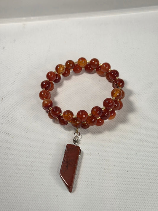 Fire Agate Beads with Gold Beads and Red Jasper Dangle Memory Wire Bracelet