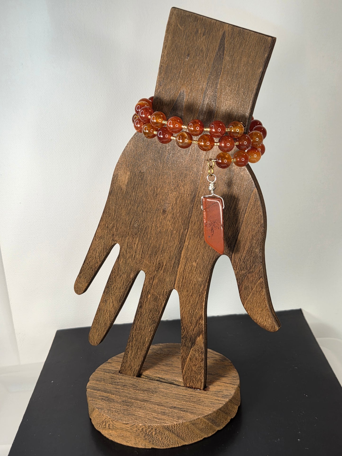 Fire Agate Beads with Gold Beads and Red Jasper Dangle Memory Wire Bracelet